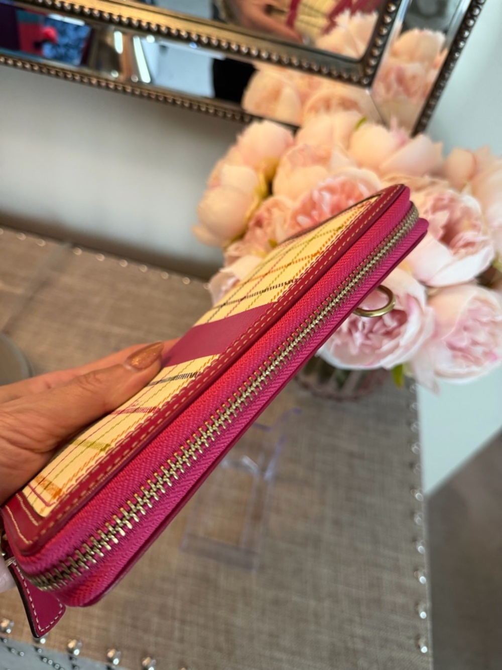 Coach Poppy Pink Plaid Zip-Around Wallet with Multicolor Checked Pattern - Picture 15 of 15